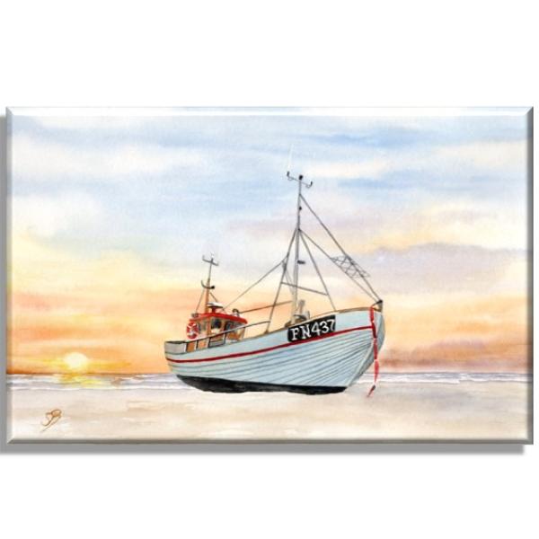 Leinwand 40 x 30 cm Keilrahmen Canvas-Leinen Aquarell Maritim Kunst Druck Kunstdruck Dänemark Nordsee Fischerboot Kutter Fischkutter Krabbenkutter Meer Boot Strand
